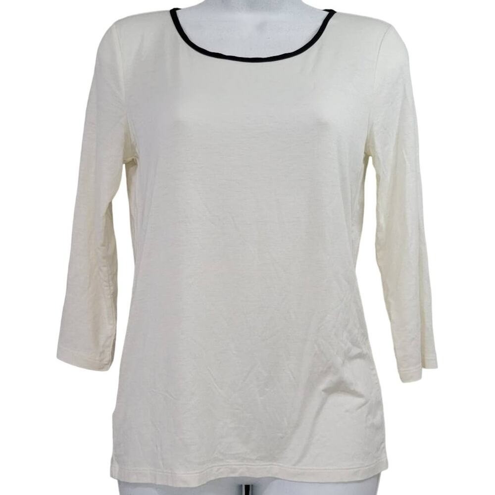 Ann Taylorโ XS White 3/4 Sleeve Tencel Blend Black Trim Stretch Zip Back Top